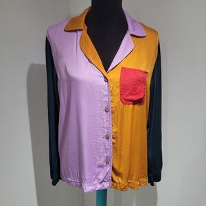 Anthropologie Farm Rio Women's Colorblock Button Down Puff Sleeve Blouse Small